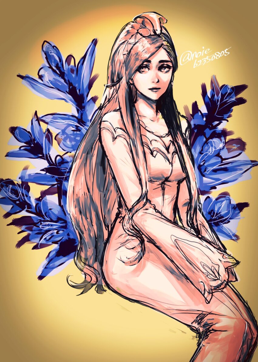 1girl bare_shoulders bead_necklace beads blue_flower breasts chrono_cross cowboy_shot dress feet_out_of_frame flower hair_ornament hairband highres jewelry long_dress long_hair long_sleeves medium_breasts necklace noie_(neunteedelstein) off-shoulder_dress off_shoulder riddel_(chrono_cross) sidelocks sitting sleeves_past_fingers sleeves_past_wrists snake_hair_ornament solo swept_bangs twitter_username