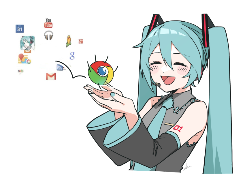 1girl absurdres after0217 aqua_eyes aqua_nails aqua_necktie arm_tattoo blush closed_eyes commentary detached_sleeves eyelashes google google_chrome hair_between_eyes happy hatsune_miku highres icon_(computing) long_hair mouthpiece necktie open_mouth solo tattoo twintails upper_body vocaloid white_background youtube