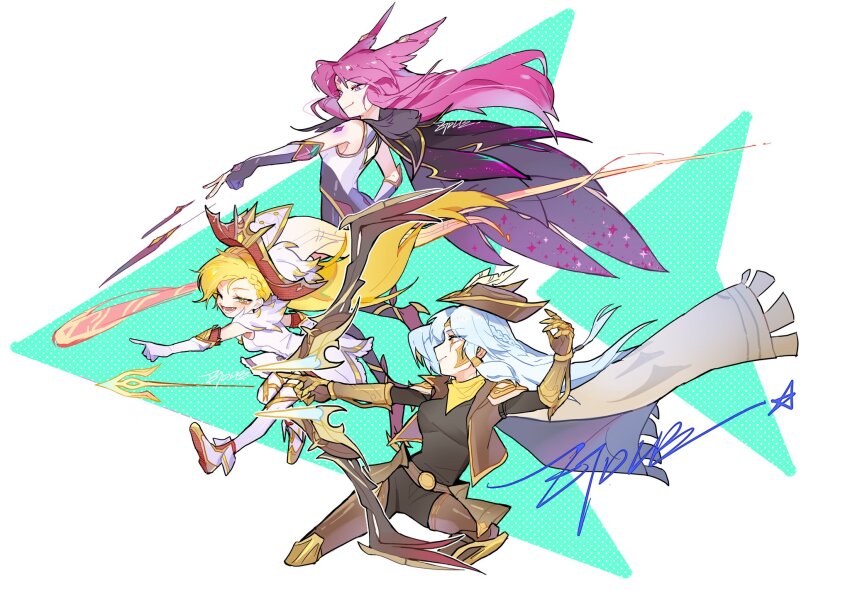 3girls animal_ears armored_gloves ashe_(league_of_legends) belt black_cape black_footwear black_gloves blonde_hair blue_hair bow_(weapon) braid breasts brown_belt brown_headwear brown_jacket cape capelet closed_mouth dress elbow_gloves energy_blast feathers floating_hair full_body fur-trimmed_dress fur_trim gloves hat high_noon_ashe highres holding holding_bow_(weapon) holding_weapon jacket league_of_legends light_blue_hair long_hair lower_teeth_only magic medium_breasts multiple_girls official_alternate_costume official_alternate_hairstyle one_eye_closed partially_fingerless_gloves pink_hair pointing prestige_arcanist_zoe_(league_of_legends) purple_eyes scarf side_braid sideboob signature simple_background sleeveless small_breasts smile star_guardian_(league_of_legends) star_guardian_xayah teeth weapon white_capelet white_dress white_gloves white_headwear xayah yellow_eyes yellow_scarf zoe_(league_of_legends) ztdlb