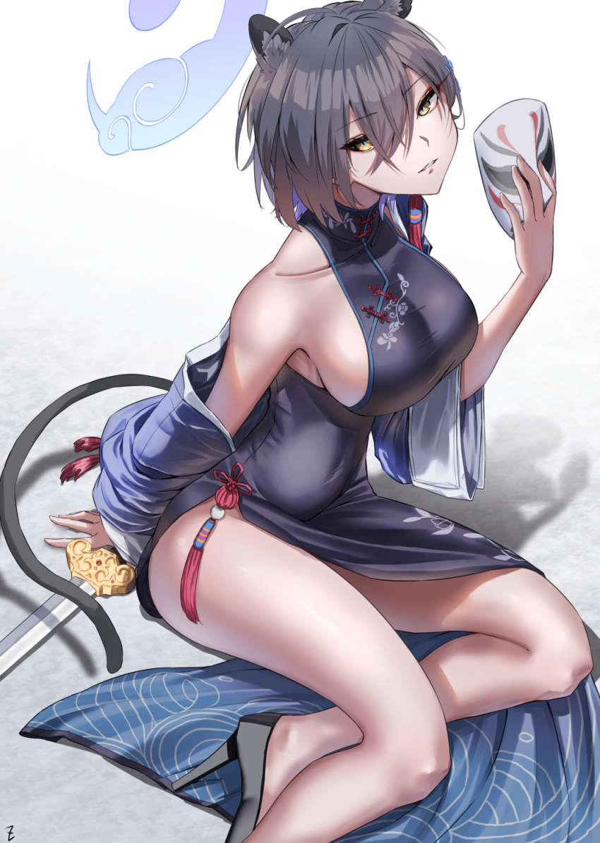 1girl ahoge animal_ears bare_legs bare_shoulders black_dress black_hair blue_archive blue_halo breasts china_dress chinese_clothes collarbone commentary curvy dress extra_ears eyeshadow floral_print floral_print_dress foot_out_of_frame hair_between_eyes halo hand_up high_heels highres hip_vent holding holding_mask impossible_clothes jian_(weapon) kaguya_(blue_archive) large_breasts looking_at_viewer makeup mask no_bra panther_ears panther_girl panther_tail parted_lips print_dress red_eyeshadow shadow short_hair sideboob signature simple_background sitting sleeveless sleeveless_dress smile solo sword tail thighs tsurime weapon white_background yellow_eyes yokozuwari zombie_mogura