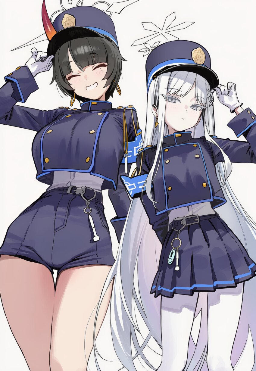 2girls absurdres ai_lightmako black_hair blue_archive blue_hat blue_jacket blue_skirt closed_eyes commentary_request cosplay flower gloves hair_flower hair_ornament hat highlander_railway_academy_logo highres hikari_(blue_archive) hikari_(blue_archive)_(cosplay) horns jacket long_hair looking_at_viewer medium_hair multiple_girls nagusa_(blue_archive) niya_(blue_archive) nozomi_(blue_archive) nozomi_(blue_archive)_(cosplay) pantyhose shirt single_horn skirt smile white_eyes white_gloves white_hair white_shirt