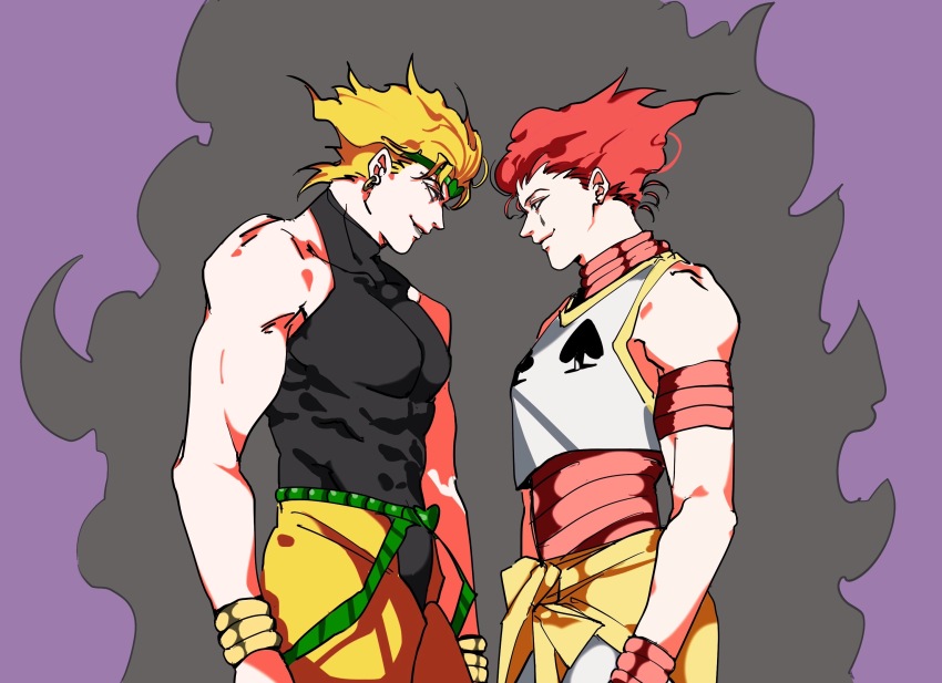 2boys bare_shoulders black_fire blonde_hair bracelet crotchless crotchless_pants dio_brando eye_contact face-to-face fire hair_slicked_back heart_headband highres hisoka_morow hunter_x_hunter jewelry jojo_no_kimyou_na_bouken looking_at_another male_focus multiple_boys muscular muscular_male pants playing_card_theme red_hair shirt sketch sleeveless sleeveless_turtleneck stardust_crusaders tattoo teardrop_facial_mark teardrop_tattoo tight_clothes tight_shirt trait_connection turtleneck ummi_ii yellow_pants