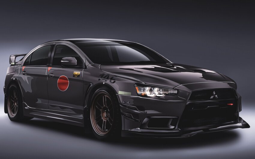 black_background car commission highres mitsubishi_lancer_evolution mitsubishi_motors motor_vehicle no_humans nougat_(no_9ada) original realistic shadow spoiler_(automobile) vehicle_focus
