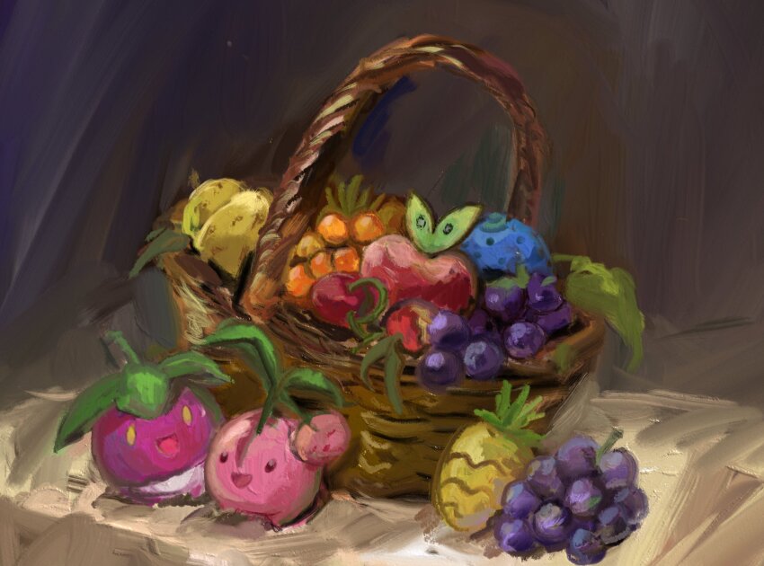 :d anzu_(01010611) applin basket berry berry_(pokemon) bounsweet cherubi commentary food fruit game_freak gen_4_pokemon gen_7_pokemon gen_8_pokemon grapes happy highres nintendo no_humans open_mouth oran_berry pokemon pokemon_(creature) pokemon_focus sitrus_berry smile symbol-only_commentary yellow_eyes