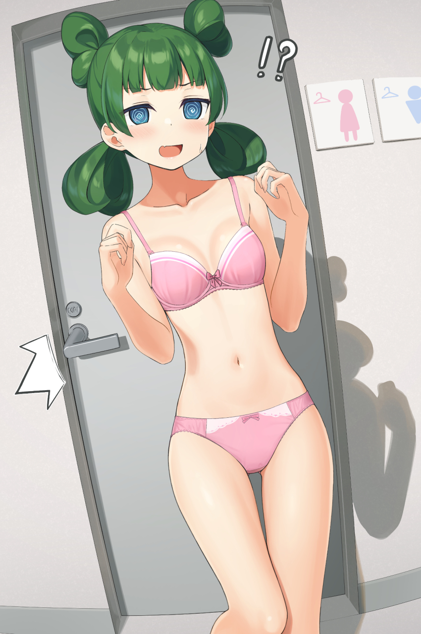 !? 1girl ^^^ apollo_(hu_maple) blue_eyes blush bow bow_bra bow_panties bra breasts commentary_request commission crotch_seam door dutch_angle fang green_hair highres indoors looking_at_viewer medium_hair navel open_mouth original panties pink_bra pink_panties quad_tails shadow skin_fang small_breasts smile solo standing sweatdrop thigh_gap underwear underwear_only