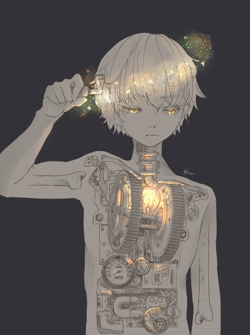 1boy android arm_up cat crank eveyeil eyelashes frown gauge gears glowing grey_background highres light_bulb limited_palette looking_down male_focus mechabare original short_hair skeleton sparkle star_(sky) x-ray yellow_eyes