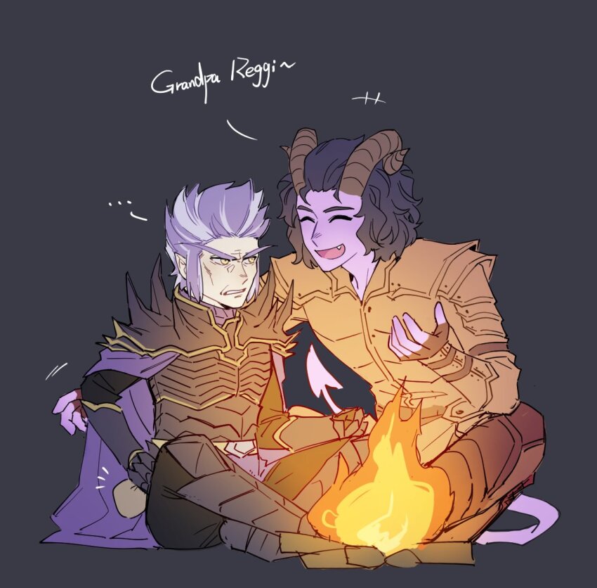 2boys :d ^_^ armor black_background black_gloves black_hair breastplate campfire cape closed_eyes colored_skin demon_boy demon_horns demon_tail fang fingerless_gloves frown full_body gauntlets gloves greaves hand_up horns long_eyebrows long_sleeves maiucal male_focus multiple_boys open_mouth pathfinder pauldrons pouch purple_cape purple_hair purple_skin regill_(pathfinder) short_hair shoulder_armor sitting smile tail v-shaped_eyebrows woljif_(pathfinder) yellow_eyes