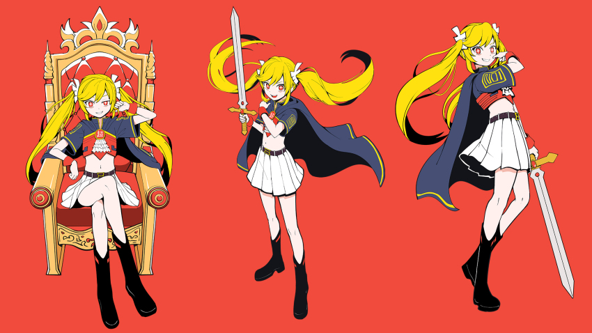 1girl :d ascot belt belt_buckle black_belt black_boots blonde_hair blue_cape blue_shirt boots buckle cape choushujinnkou_(vocaloid) commentary crop_top cross-shaped_pupils crossed_legs dot_nose emblem evil_grin evil_smile flat_chest floating_cape floating_hair full_body grin hair_ornament half-closed_eye hatsune_miku highres holding holding_sword holding_weapon long_hair looking_at_viewer midriff multiple_views navel official_art open_mouth pinocchio-p pleated_skirt pointing pointing_at_self pointing_with_thumb raised_eyebrow red_background red_eyes red_wrist_cuffs shirt sitting_on_throne skirt smile standing straight-on sword symbol-shaped_pupils thumb_to_mouth very_long_hair vocaloid weapon white_ascot white_skirt wrist_cuffs