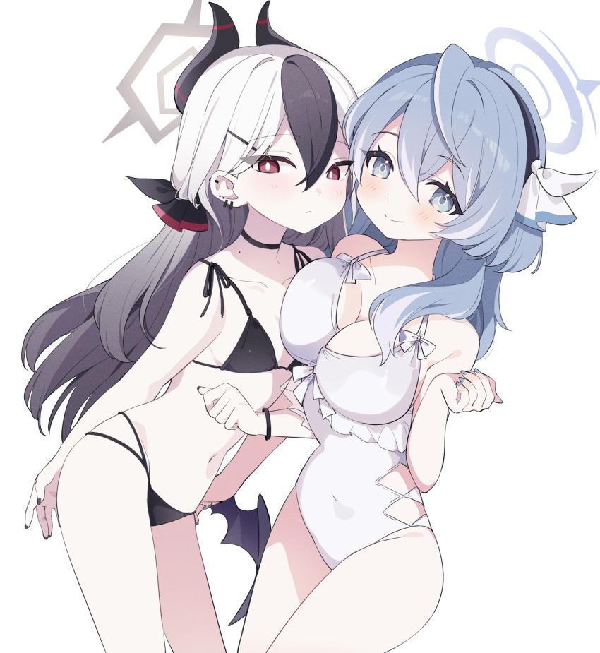 2girls ako_(blue_archive) bikini black_bikini black_choker black_hair black_horns blue_archive blue_eyes blue_hair blue_halo breasts choker demon_horns demon_wings frilled_one-piece_swimsuit frills grey_halo halo highres horns kayoko_(blue_archive) large_breasts long_hair looking_at_viewer mole mole_on_neck multi-strapped_bikini_bottom multicolored_hair multiple_girls one-piece_swimsuit red_eyes simple_background single_wing small_breasts swimsuit two-tone_hair white_background white_hair white_one-piece_swimsuit wings ymm007xx
