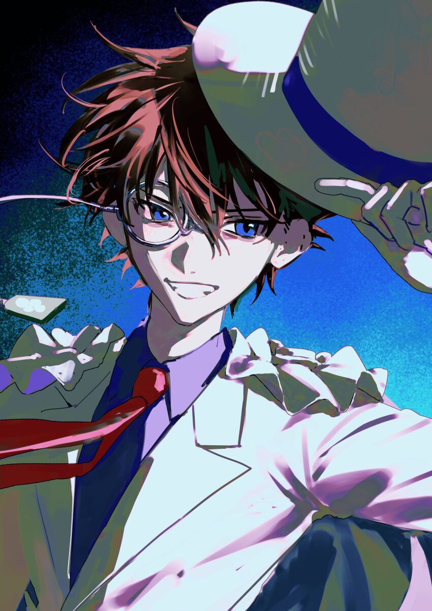 1boy 333takoyaki absurdres blue_eyes brown_hair cape collared_shirt commentary_request gloves grin hair_between_eyes hat highres holding holding_unworn_clothes holding_unworn_hat jacket kaitou_kid male_focus meitantei_conan monocle necktie purple_shirt red_necktie shirt simple_background smile solo top_hat unworn_hat unworn_headwear upper_body white_cape white_gloves white_hat white_jacket