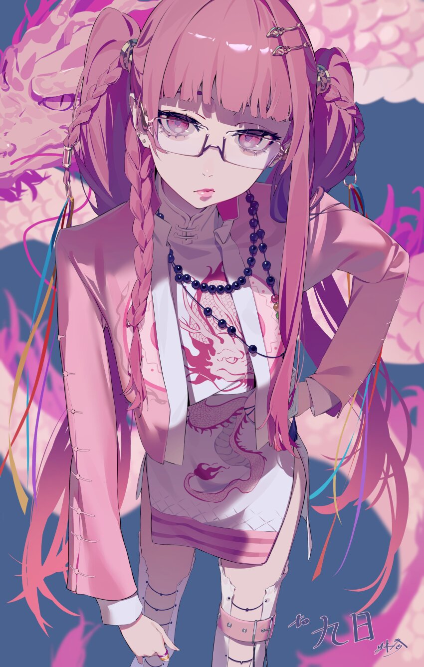 1girl absurdres bead_necklace beads blue_background blunt_bangs braid china_dress chinese_clothes closed_mouth commission dragon dragon_print dress earrings eyelashes glasses hair_ornament hairpin hands_on_own_hips highres ibaraki_shun jacket jewelry lips long_hair long_sleeves looking_at_viewer mandarin_collar metal necklace open_clothes open_jacket original pink_eyes pink_hair pink_jacket pink_lips ring skeb_commission solo standing stud_earrings twintails