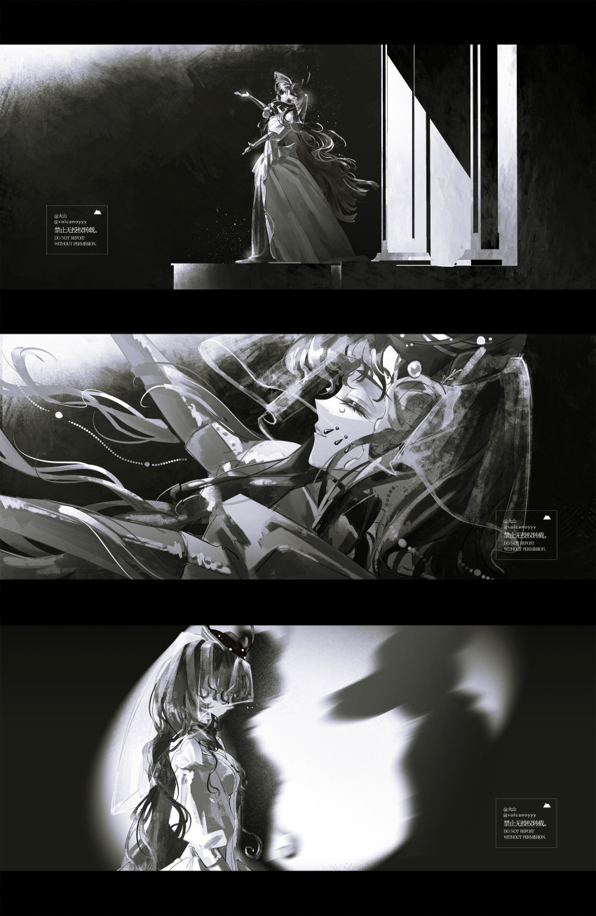1girl absurdres closed_eyes different_shadow dress gown greyscale grin hat highres isolde_(reverse:1999) juliet_sleeves kakania_(reverse:1999) long_dress long_hair long_sleeves monochrome profile puffy_sleeves reverse:1999 see-through_clothes see-through_veil smile spotlight standing veil very_long_hair volcanoyyy watermark