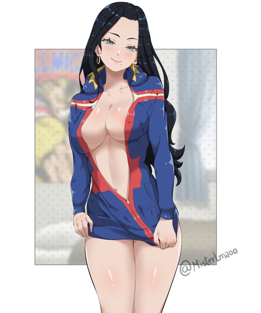 1girl absurdres all_might black_hair blue_eyes boku_no_hero_academia breasts closed_mouth covered_erect_nipples earrings hashtag-only_commentary highres jewelry large_breasts long_hair looking_at_viewer mole mole_under_mouth navel smile solo srlmao tsukauchi_makoto twitter_username vigilante_-boku_no_hero_academia:_illegals-