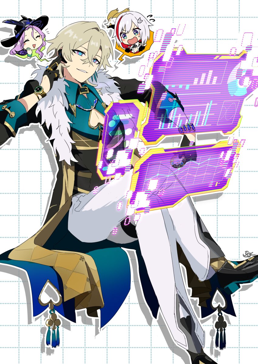 1boy 2girls absurdres aqua_shirt aventurine_(honkai:_star_rail) black_gloves blonde_hair closed_mouth clothing_cutout collared_shirt crossed_legs earrings fur_trim gloves grey_hair hair_between_eyes hair_ornament hairclip hat highres honkai:_star_rail honkai_(series) jade_(honkai:_star_rail) jewelry male_focus multicolored_eyes multicolored_hair multiple_girls nail_polish open_mouth pants pink_hair pirohi_(pirohi214) ring shirt short_hair sitting solo_focus streaked_hair topaz_(honkai:_star_rail) two-tone_eyes watch white_pants wristwatch