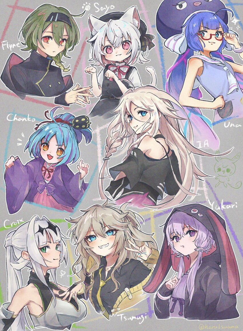 6+girls :3 absurdres adjusting_eyewear ahoge animal_ear_fluff animal_ears animal_hood bare_arms bare_shoulders black_bow black_camisole black_choker black_dress black_hairband black_hat black_jacket black_shirt blue_dress blue_eyes blue_hair blue_nails bow braid breasts brown_hair buttons camisole cardigan cat_ears cat_girl cevio character_name choker closed_mouth coeiroink collared_shirt colored_inner_hair commentary_request criss-cross_halter croix-chan cropped_torso double-breasted double-parted_bangs dress eel_hat fingernails frown furyune glasses gradient_hair green_eyes green_hair grey_background grin groin hair_between_eyes hair_intakes hair_ornament hairband halterneck hand_on_own_chest hands_up hat hat_bow high_ponytail highres hood hooded_jacket ia_(vocaloid) jacket japanese_clothes kasukabe_tsumugi kimono large_breasts large_hat layered_sleeves long_hair long_sleeves looking_at_viewer looking_back medium_hair multicolored_hair multiple_girls nail_polish neck_ribbon necktie one_side_up ooedo_chanko open_cardigan open_clothes open_jacket open_mouth orange_eyes otomachi_una otomachi_una_(talkex) outline own_hands_together parted_bangs paw_pose pink_eyes pink_hair pink_kimono pink_ribbon ponytail purple_bow purple_dress purple_eyes purple_hair purple_hat purple_jacket rabbit_ears red-framed_eyewear red_eyes red_ribbon ribbon sailor_collar sayo_(voicevox) semi-rimless_eyewear shirt short_hair short_hair_with_long_locks short_sleeves sidelocks simple_background single_bare_shoulder single_braid single_off_shoulder sleeveless sleeveless_dress small_breasts smile square-end_necktie suama_(haruichi) talkex teeth three_quarter_profile turtleneck turtleneck_jacket twin_braids two-tone_hair upper_teeth_only utau v very_long_hair vocaloid voiceroid voicevox white_hair white_necktie white_outline white_sailor_collar white_shirt wide_sleeves yellow_cardigan yellow_necktie yuzuki_yukari zundamon