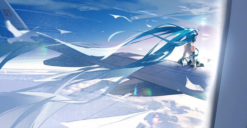 1girl absurdly_long_hair aircraft airplane airplane_wing blue_hair blue_necktie blue_sky cloud day detached_sleeves flying_paper hatsune_miku headphones highres jet_airliner jiu_ye_sang long_hair necktie outdoors paper shirt sitting sky sleeveless sleeveless_shirt solo very_long_hair vocaloid window