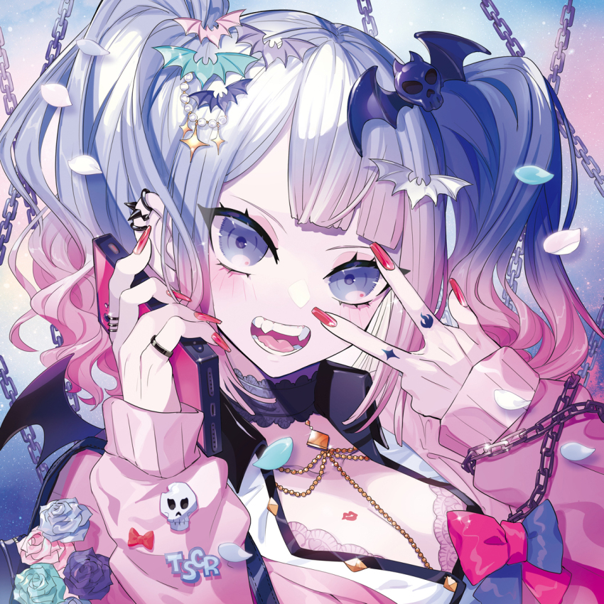 1girl artist_name blue_eyes blue_flower blue_rose blush bowv breasts cellphone chain fangs flower highres jewelry long_hair looking_at_viewer multicolored_hair necklace open_mouth original phone pink_flower pink_hair pink_rose puppeteer7777 purple_flower purple_hair purple_rose rose smartphone smile solo twintails white_flower white_hair white_rose