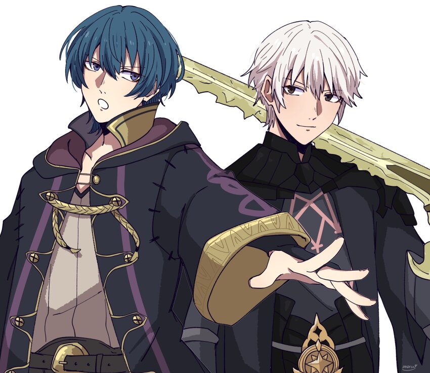 2boys armor belt black_belt black_gloves black_robe blue_eyes brown_eyes closed_mouth commentary cosplay costume_switch english_commentary fire_emblem fire_emblem:_three_houses fire_emblem_awakening gloves green_hair highres holding holding_sword holding_weapon hooded_robe in-franchise_crossover male_byleth_(fire_emblem) male_byleth_(fire_emblem)_(cosplay) male_focus male_robin_(fire_emblem) male_robin_(fire_emblem)_(cosplay) merylemons multiple_boys nintendo open_clothes open_mouth open_robe robe shirt short_hair simple_background smile sword weapon white_background white_shirt