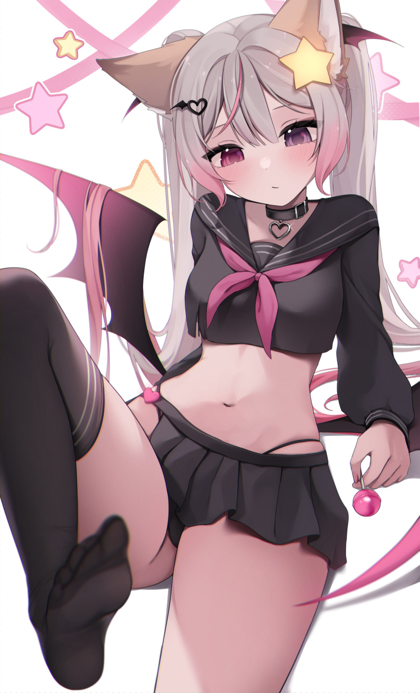 1girl animal_ears annytf black_choker black_panties black_sailor_collar black_serafuku black_shirt black_skirt black_thighhighs breasts candy choker closed_mouth crop_top crop_top_overhang expressionless feet food fox_ears gradient_hair hair_ornament hairclip heart heterochromia highleg highleg_panties highres hiroside holding holding_candy holding_food holding_lollipop indie_virtual_youtuber leg_up lollipop long_hair long_sleeves looking_at_viewer low_wings medium_breasts microskirt midriff miniskirt multicolored_hair navel neckerchief no_shoes panties pink_hair pleated_skirt purple_eyes red_eyes revealing_clothes sailor_collar school_uniform serafuku shirt side_slit single_thighhigh sitting skirt soles solo stomach streaked_hair string_panties thighhighs thighs toes twintails underwear very_long_hair virtual_youtuber white_hair wings