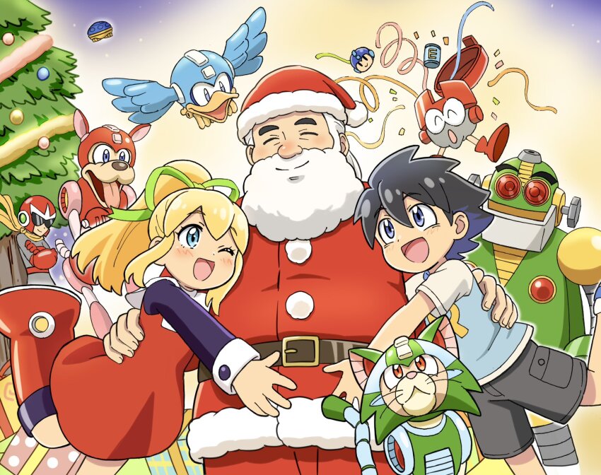 1girl 4boys auto_(mega_man) beard beat_(mega_man) black_hair blonde_hair bodysuit christmas christmas_tree closed_eyes crossed_arms dr._light_(mega_man) dress eddie_(mega_man) facial_hair grey_bodysuit grey_hair group_picture hat helmet high_ponytail highres komagoma long_hair mega_man_(character) mega_man_(classic) mega_man_(series) multiple_boys non-humanoid_robot ponytail red_dress red_helmet robot robot_animal robot_bird robot_cat robot_dog roll_(mega_man) rush_(mega_man) santa_costume santa_hat short_hair tango_(mega_man)