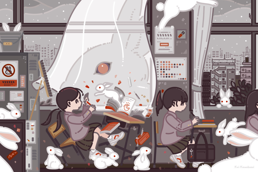 ._. 3girls animal artist_name bag bag_charm book broom brown_hair brown_skirt bucket building candy candy_corn carrot_charm chair charm_(object) city cityscape classroom commentary_request curtains day desk falling food grey_shirt grey_theme highres indoors kei_kawakami lock long_hair long_sleeves milk_carton multiple_girls open_book original oversized_animal padlock pen pencil_case pleated_skirt ponytail rabbit school school_bag school_chair school_desk school_uniform shirt shoes sign sitting skirt skyscraper sneakers socks spot_color stairs too_many too_many_rabbits tree twintails white_shoes white_socks window
