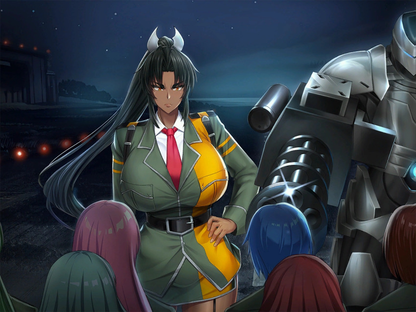 1girl action_taimanin adjusting_clothes arm_cannon autocannon black_hair breasts brown_eyes cannon dark-skinned_female dark_skin game_cg garter_belt gatling_gun gun hand_on_own_hip high_ponytail huge_breasts lilith-soft long_hair looking_at_another military_uniform miniskirt mirabell_bell multicolored_hair multiple-barrel_gun multiple_boys night night_sky obui outdoors parted_lips ponytail rotary_cannon serious skirt sky taimanin_(series) weapon xps-11a_bone