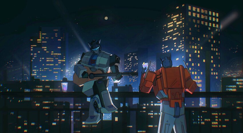 2boys autobot back city drink guitar highres holding instrument jazz_(transformers) mecha moon multiple_boys no_humans optimus_prime robot science_fiction si_ming smile transformers transformers:_generation_1