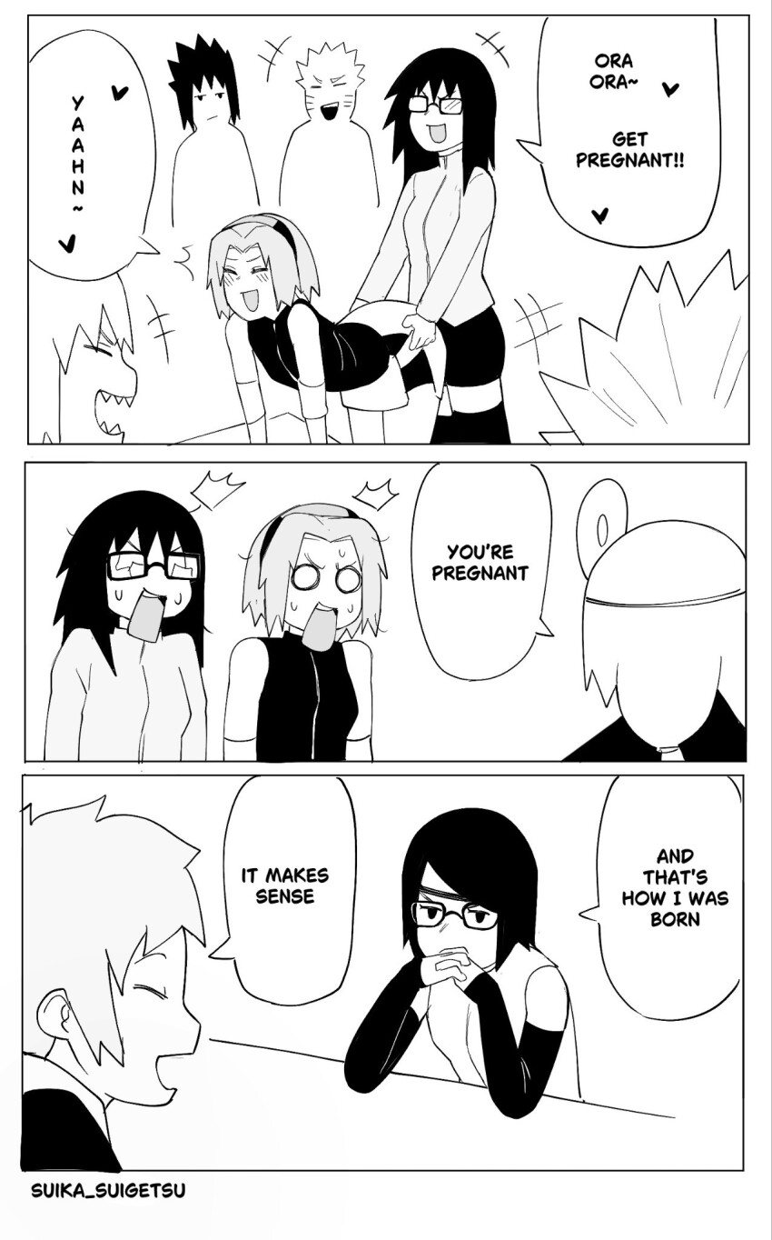 ^_^ blush boruto:_naruto_next_generations closed_eyes crack cracked_glass detached_sleeves doctor english_text glasses haruno_sakura heart highres hoozuki_suigetsu jaw_drop juugo_(naruto) karin_(naruto) mitsuki_(naruto) monochrome multiple_boys multiple_girls naruto_(series) naruto_shippuuden ora_ora_get_pregnant_(meme) shocked_pupils short_hair skirt_over_shorts speech_bubble spiked_hair suika_suigetsu sweat tsunade_(naruto) uchiha_sarada uchiha_sasuke uzumaki_naruto wavy_hair yuri