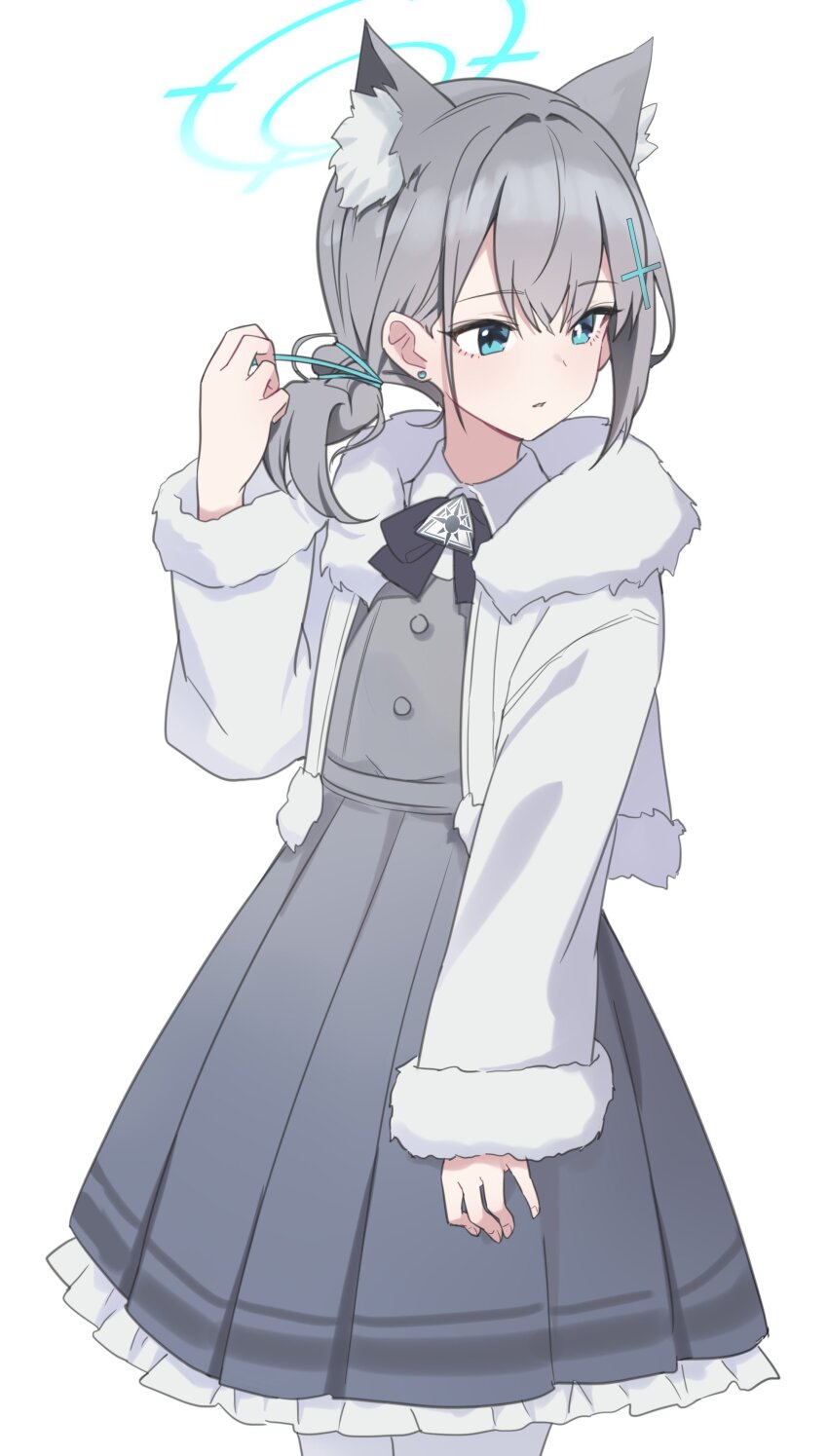 1girl absurdres adjusting_hair alternate_costume animal_ear_fluff black_bow black_bowtie blue_archive blue_eyes bow bowtie commentary_request cosplay cross_hair_ornament dress earrings fur-trimmed_jacket fur_trim goyain grey_hair hair_between_eyes hair_ornament hair_ribbon halo highres jacket jewelry long_sleeves low_ponytail medium_hair mismatched_pupils open_clothes open_jacket pinafore_dress ponytail ribbon school_uniform shiroko_(blue_archive) sidelocks simple_background sleeveless sleeveless_dress solo tail takane_(blue_archive) takane_(blue_archive)_(cosplay) white_jacket wolf_girl wolf_tail