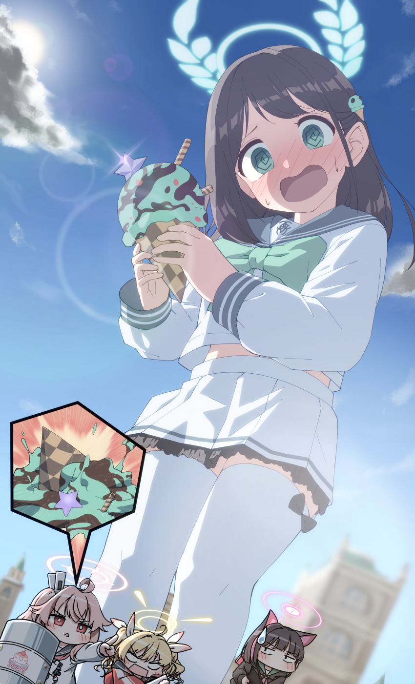 4girls absurdres after-school_sweets_club_(blue_archive) ahoge airi_(blue_archive) animal_ears black_hair blonde_hair blue_archive blue_sailor_collar cardigan cat_ears commentary_request commission food frilled_skirt frills giant giantess green_eyes green_halo halo highres holding holding_food holding_ice_cream holding_ice_cream_cone holding_shield ice_cream ice_cream_cone jacket kazusa_(blue_archive) long_hair long_sleeves midriff_peek miniskirt mint_chocolate multicolored_hair multiple_girls natsu_(blue_archive) open_mouth outdoors pink_hair pink_halo red_eyes red_jacket sailor_collar sailor_shirt school_uniform serafuku shield shirt short_hair side_ponytail size_difference skeb_commission skirt standing sweatdrop thighhighs twintails two-tone_hair unadon_(unadoom) white_cardigan white_serafuku white_shirt white_skirt yoshimi_(blue_archive) zettai_ryouiki