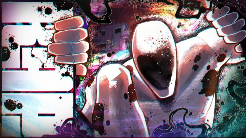 1boy absurdres arm_up brush_stroke building chromatic_aberration close-up collarbone colored_skin commission english_text faceless facing_viewer hand_up highres hole_in_head knee_up male_focus marvel ooze paint_splatter pectorals scribble solo spider-man:_across_the_spider-verse spider-man_(series) spider-verse spot_(marvel) thirdphp toned toned_male upper_body video_thumbnail white_skin