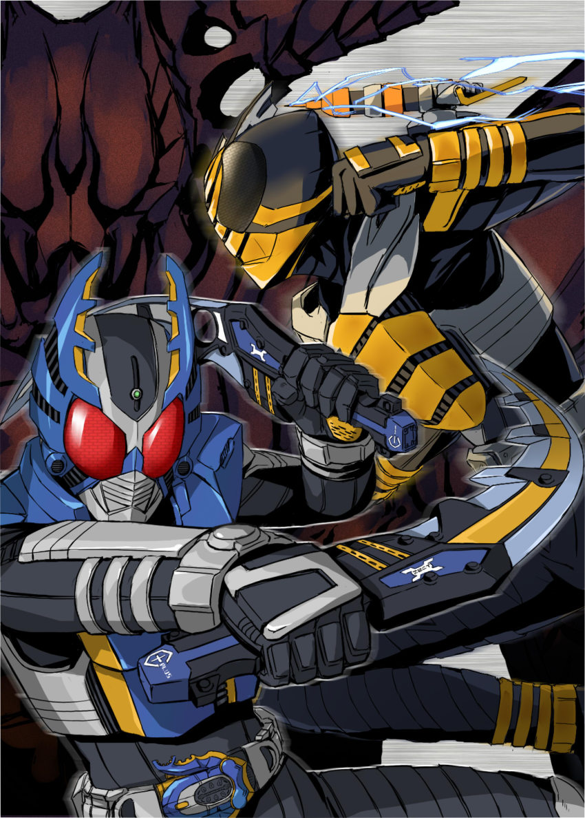 2boys chichihirosu highres horns kamen_rider kamen_rider_gatack kamen_rider_kabuto_(series) kamen_rider_thebee multiple_boys sword weapon