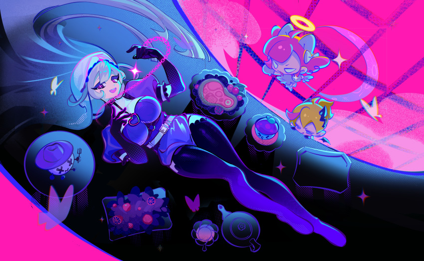+_+ 3girls angel_wings belt black_choker black_gloves black_thighhighs black_wings blonde_hair blue_dress blue_eyes breasts bright_pupils brooch bug buro_(muse_dash) butterfly chain chibi choker colored_eyelashes cover demon_wings detached_collar dress elbow_gloves food gloves habit hair_between_eyes hair_spread_out halo heart heart_brooch highres insect jewelry large_breasts long_eyelashes long_hair lying marija_(muse_dash) marija_(sister)_(muse_dash) multicolored_hair multiple_girls muse_dash nun official_alternate_costume official_alternate_hair_color official_alternate_hairstyle official_art on_back open_mouth pink_eyes pink_hair pink_pupils plate puffy_short_sleeves puffy_sleeves rin_(muse_dash) rourow salad short_sleeves smile sparkle sparkling_eyes streaked_hair teapot teeth thighhighs upper_teeth_only very_long_hair white_belt white_hair white_wings wings zettai_ryouiki