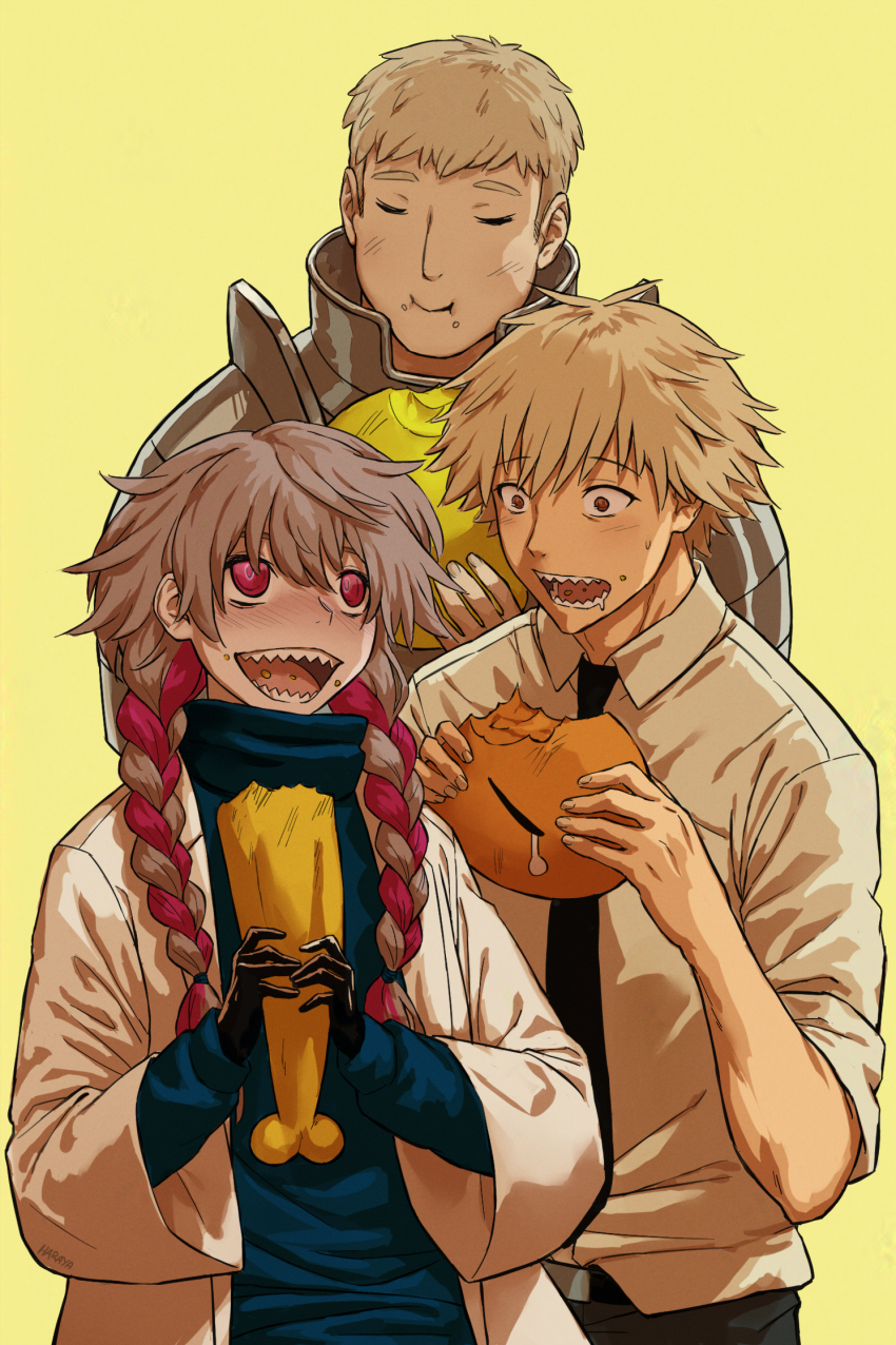 1girl 2boys armor black_gloves blonde_hair blue_sweater braided_pigtails chainsaw_man closed_eyes coat crossover denji_(chainsaw_man) drama_queen dungeon_meshi eating gloves grey_hair haraya_manawari highres laios_touden looking_at_another multicolored_hair multiple_boys multiple_crossover nomamoto pink_eyes pink_hair saliva sharp_teeth shirt short_twintails sweater teeth twintails white_shirt yellow_background