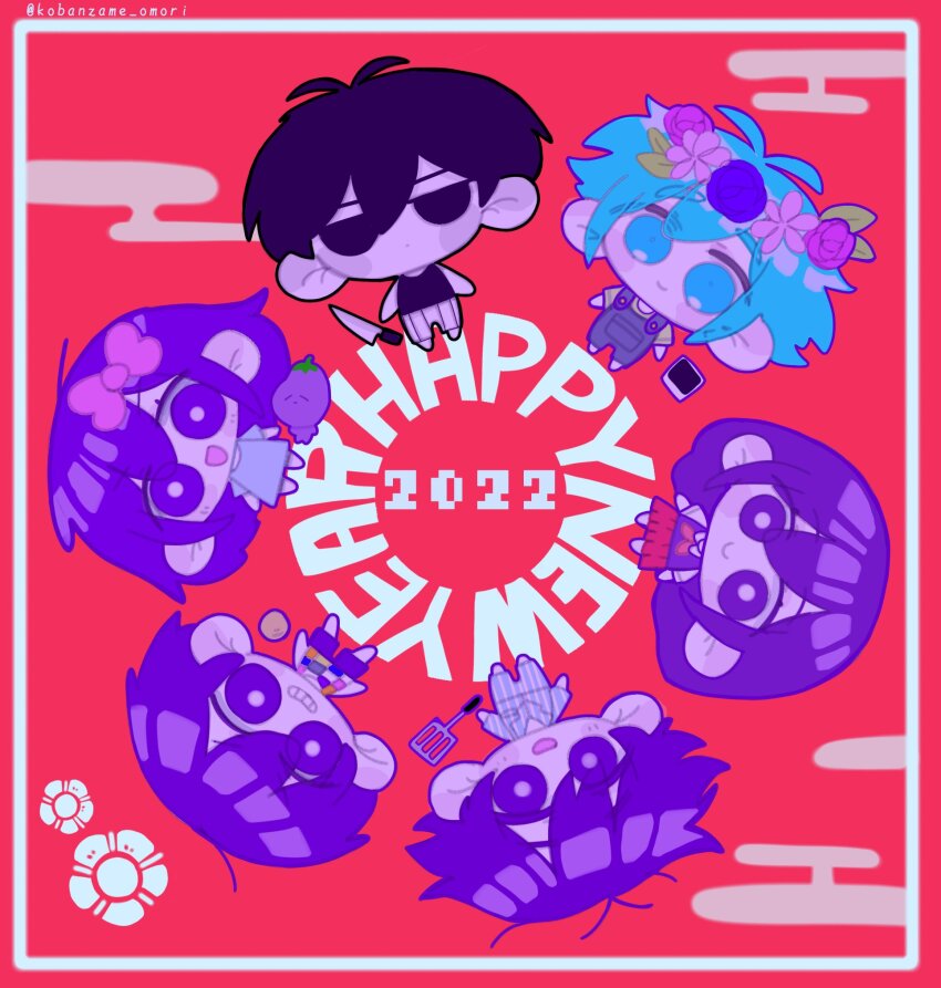 2022 2girls 4boys :d antenna_hair arms_at_sides aubrey_(headspace)_(omori) aubrey_(omori) ball bare_arms bare_shoulders barefoot basil_(headspace)_(omori) basil_(omori) black_eyes black_hair black_tank_top blue_dress blue_eyes blue_hair bow bright_pupils brother_and_sister brothers checkered_clothes chibi chibi_only closed_mouth collared_shirt colored_skin commentary dot_mouth double-parted_bangs dress empty_eyes english_commentary full_body green_shirt grey_overalls grin hair_behind_ear hair_between_eyes hair_bow happy_new_year hero_(headspace)_(omori) hero_(omori) highres inset_border kel_(headspace)_(omori) kel_(omori) knife kobanzame_omo long_hair long_sleeves looking_at_viewer mari_(headspace)_(omori) mari_(omori) miniskirt mr._plantegg_(omori) multiple_boys multiple_girls neckerchief new_year no_pupils omori omori_(omori) open_mouth overalls photo_(object) pink_bow purple_eyes purple_hair purple_shorts purple_sweater_vest red_background red_neckerchief red_skirt shirt short_hair short_sleeves shorts siblings simple_background skirt smile spatula striped_clothes striped_shorts stuffed_eggplant stuffed_toy sweater_vest tank_top twitter_username vertical-striped_clothes vertical-striped_shorts white_pupils white_shirt white_shorts white_skin