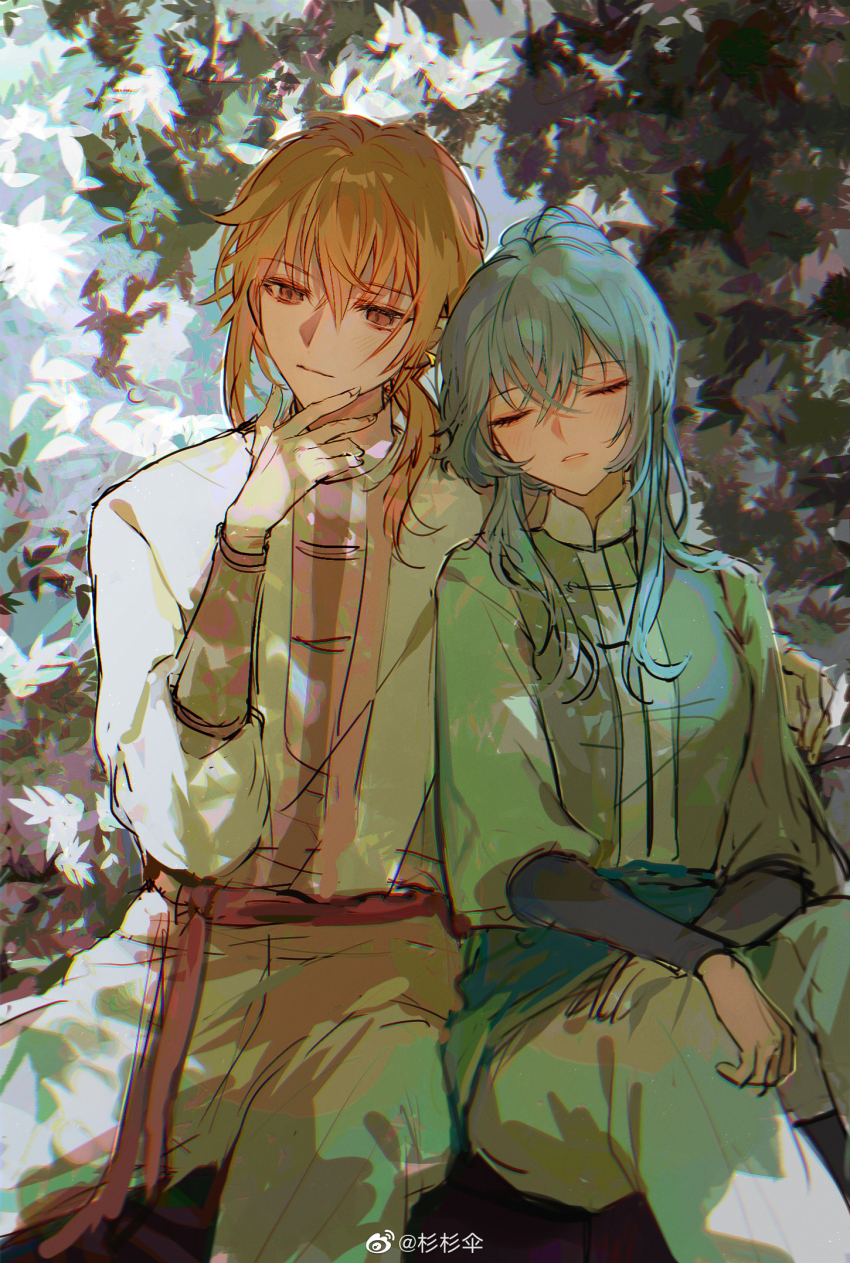 1boy 1girl blonde_hair blue_hair brown_eyes check_copyright chinese_clothes chinese_commentary closed_eyes closed_mouth commentary_request copyright_request cowboy_shot crossed_bangs day downturned_eyes expressionless eyelashes fingernails green_shirt hair_between_eyes hair_bun hair_over_shoulder hand_on_own_chin highres in_tree kamu_(poulro) leaning_on_person light_frown lips long_hair long_sleeves low_ponytail mandarin_collar on_branch original outdoors pants parted_lips pink_lips ponytail puffy_long_sleeves puffy_sleeves red_sash sash shade shirt short_hair_with_long_locks sidelocks single_hair_bun sitting sitting_on_branch sleeping thinking tree waist_sash watermark weibo_watermark white_pants white_shirt worried