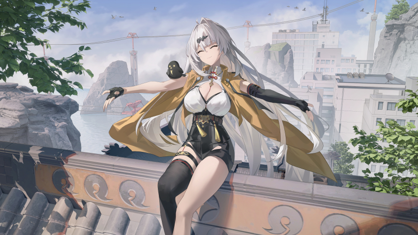 1girl absurdres against_railing ahoge angel_no_shousou asymmetrical_gloves bird black_bird black_gloves black_shorts black_thighhighs breasts cleavage closed_eyes collar commentary elbow_gloves facing_viewer feet_out_of_frame fingerless_gloves gloves grey_hair hair_ornament high-waist_shorts highres jacket large_breasts long_hair outstretched_arms railing shirt shorts single_bare_leg single_elbow_glove single_hair_intake single_thighhigh smile solo thighhighs uneven_gloves very_long_hair white_collar white_shirt yellow_jacket yixuan_(zenless_zone_zero) zenless_zone_zero