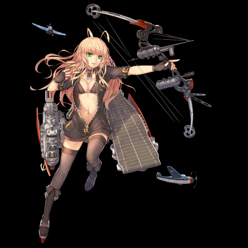 1girl aircraft airplane antennae azur_lane bikini black_background blonde_hair boots bow_(weapon) breasts commentary_request female_focus fingerless_gloves flight_deck gloves green_eyes grey_bikini grey_boots grey_gloves grey_thighhighs highres holding holding_bow_(weapon) holding_weapon jacket long_sleeves machinery medium_breasts musyne_xsk navel official_art open_clothes open_jacket parted_lips simple_background smile solo standing standing_on_one_leg swimsuit thighhighs unzipped wasp_(azur_lane) weapon