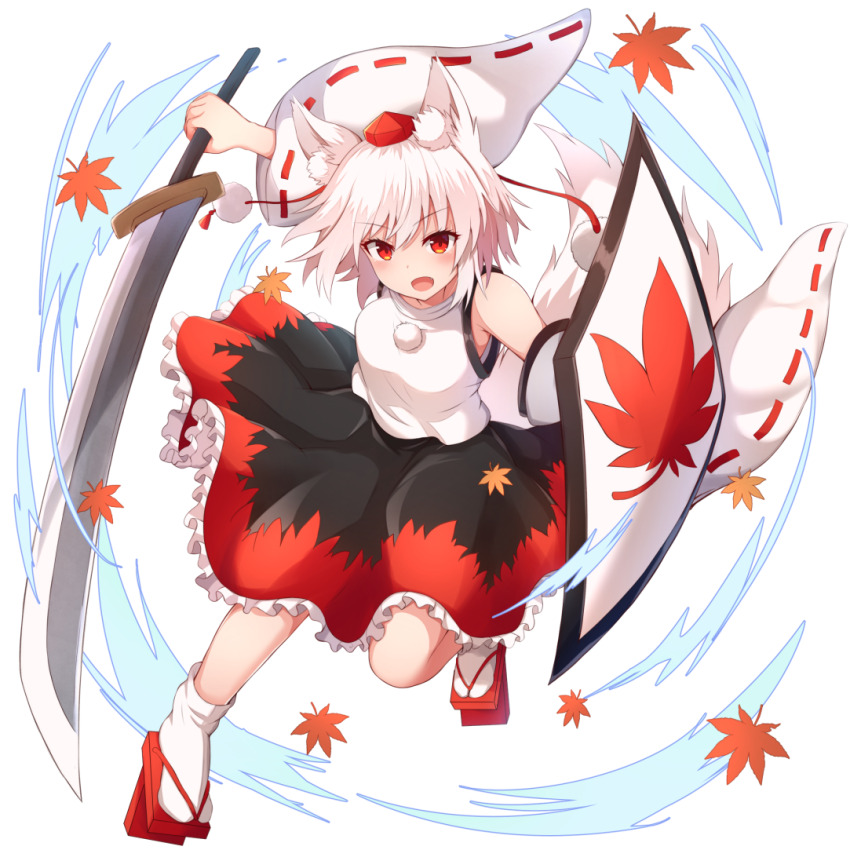 1girl animal_ear_fluff animal_ears autumn_leaves black_skirt breasts detached_sleeves falling_leaves frilled_skirt frills full_body game_cg geta hakurei_frontier_spell_strive hat holding holding_shield holding_sword holding_weapon inubashiri_momiji leaf leaf_print looking_at_viewer official_art open_mouth pom_pom_(clothes) red_eyes red_hat red_sandals red_skirt ribbon-trimmed_sleeves ribbon_trim sandals shield shield_print shirt skirt sleeveless sleeveless_shirt smile socks solo sword tail tengu-geta third-party_source tksand tokin_hat touhou transparent_background two-tone_skirt weapon white_hair white_shirt white_socks wolf_ears wolf_girl wolf_tail