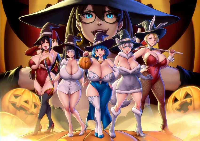 6+girls abigail_fahrenheit arm_behind_head armpits bandage_over_one_eye bare_shoulders belt black_hair black_headwear black_thighhighs blonde_hair blue_eyes blue_hair blue_skirt boots breasts cleavage covered_navel curvy dress earrings elbow_gloves erkaz fishnet_pantyhose fishnets fur-trimmed_boots fur-trimmed_dress fur_trim gloves grey_dress grey_footwear grey_gloves grey_hair halloween halloween_costume hand_on_own_hip hat high_heels highres holding holding_sword holding_weapon huge_breasts ingrid_braun_(erkaz) jack-o&#039;-lantern jewelry karinka_katyusha_(erkaz) leotard long_hair looking_at_viewer medium_hair multiple_girls one_eye_closed open_mouth original pantyhose red_eyes red_footwear red_leotard red_sleeves rey_tannhauser_(erkaz) rina_atherina scar scar_across_eye scar_on_face shirt short_dress short_hair side_slit skirt smile standing strapless strapless_leotard sword thick_thighs thighhighs thighs weapon white_belt white_footwear white_shirt white_sleeves white_thighhighs wide_hips witch_hat yukihana_(erkaz)
