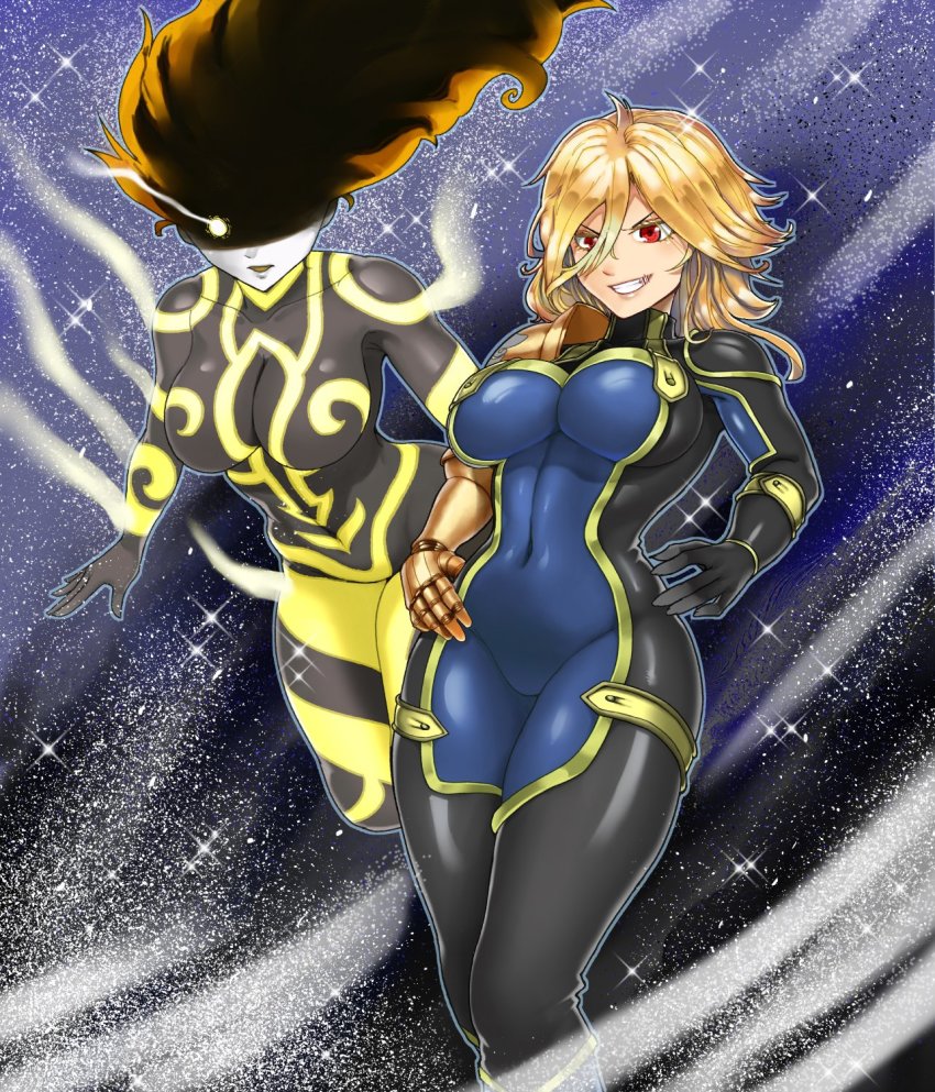 2girls aura blonde_hair bodysuit breasts curvy dimaria_yesta dio_brando energy evil_grin evil_smile fairy_tail glowing glowing_eyes grin hair_between_eyes hands_on_own_hips hands_on_own_hip highres huge_breasts jojo_no_kimyou_na_bouken large_breasts long_hair magic mechanical_arms multiple_girls navel power red_eyes short_hair sky smile source_request stand_(jojo) star_(sky) tagme the_golden_smurf thick_thighs thighs