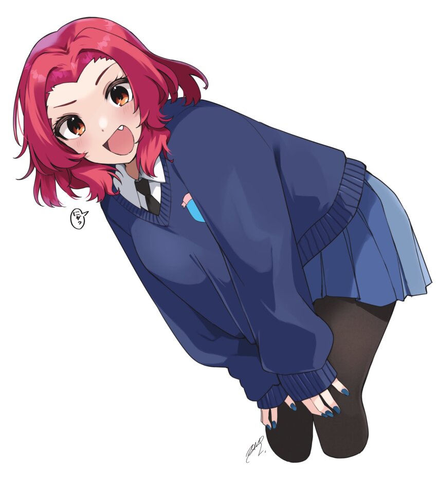 1girl artist_name bad_id bad_twitter_id black_necktie black_pantyhose blue_nails blue_skirt blue_sweater brown_eyes dress_shirt fang girls_und_panzer hands_on_own_knees highres leaning_forward long_sleeves medium_hair miniskirt nail_polish necktie open_mouth pantyhose pleated_skirt red_hair rosehip_(girls_und_panzer) school_uniform shirt simple_background skirt solo st._gloriana&#039;s_school_uniform sweater v-neck white_background white_shirt zono_(inokura_syuzo029)