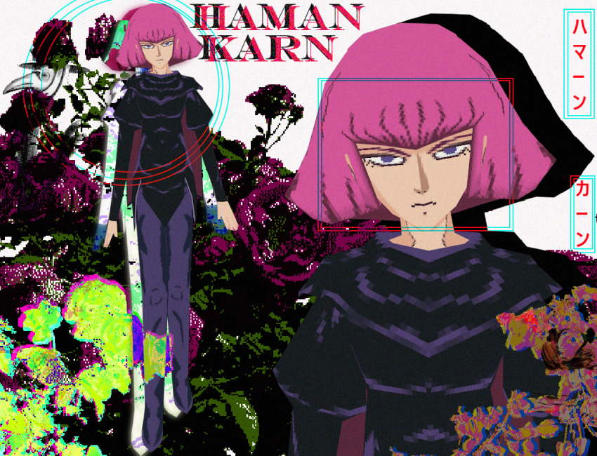 1girl 3d ashleyy69 black_dress cape character_name closed_mouth commentary dress english_commentary gundam gundam_zz haman_karn long_sleeves looking_at_viewer low_poly multiple_views pantyhose pink_hair purple_eyes purple_pantyhose self-upload short_dress short_hair standing zeta_gundam
