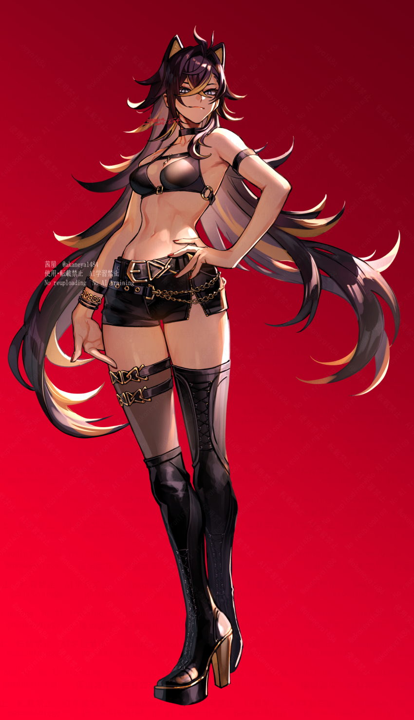 1girl absurdres antenna_hair arm_strap artist_name asymmetrical_footwear belt belt_buckle black_belt black_boots black_choker black_shorts black_thighhighs blonde_hair blue_eyes boots bracelet breasts brown_hair buckle chain chain_bracelet choker closed_mouth clothing_request collarbone commentary_request crossed_bangs dark-skinned_female dark_skin dated dehya_(genshin_impact) eyelashes eyeshadow fingernails genshin_impact gold_chain hair_between_eyes hair_ears hair_intakes hand_on_own_hip high_heel_boots high_heels highres jewelry knee_boots lace-up_boots long_hair looking_at_viewer makeup medium_breasts midriff multicolored_hair nail_polish navel ojo_aa parted_bangs red_background red_nails short_shorts shorts signature simple_background single_thighhigh smile smirk solo standing stomach streaked_hair thigh_boots thighhighs twitter_username uneven_footwear very_long_hair wallet_chain watermark