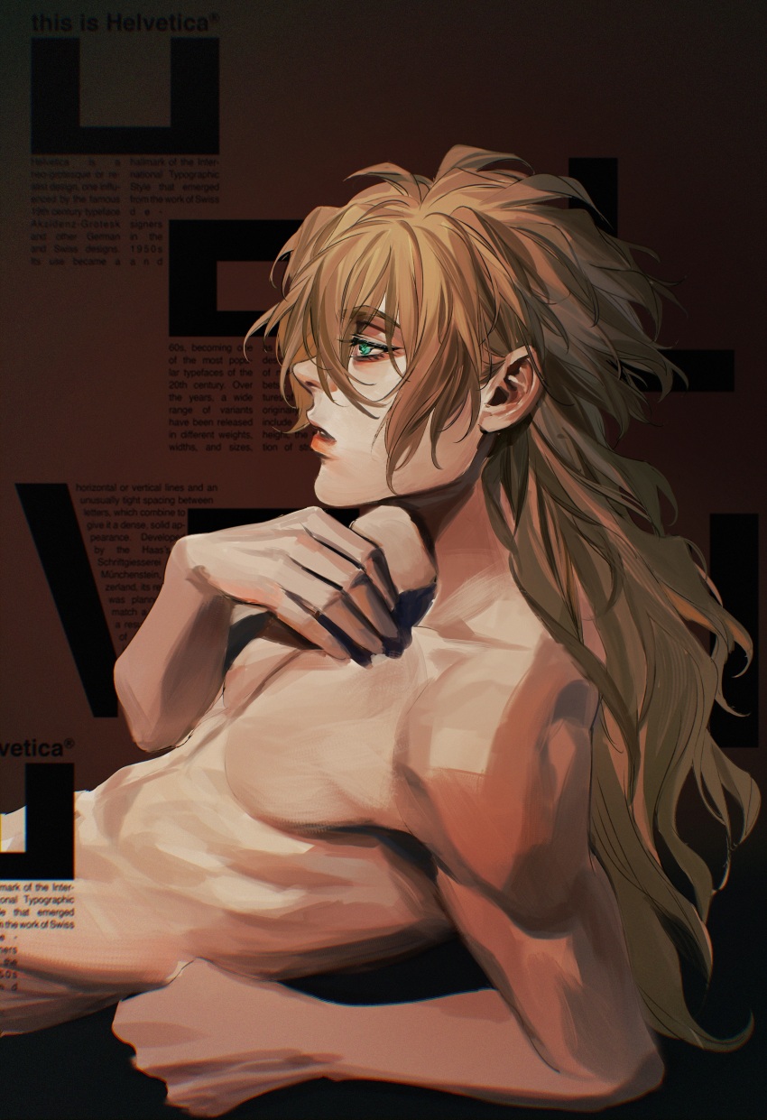 1boy abs absurdres blonde_hair brown_background cabbage-2012 chromatic_aberration diego_brando english_text from_side green_eyes hair_between_eyes hand_on_own_chest highres jojo_no_kimyou_na_bouken long_hair male_focus messy_hair muscular muscular_male painterly parted_lips solo steel_ball_run text_background topless_male upper_body
