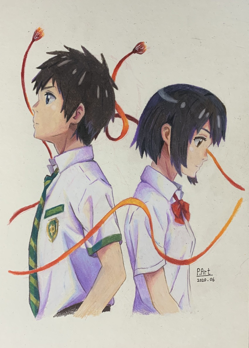 1boy 1girl absurdres artist_name back-to-back black_hair bow bowtie closed_mouth collared_shirt colored_pencil_(medium) commentary commentary_request cropped_torso dated dress_shirt english_commentary green_necktie highres kimi_no_na_wa. making-of_available mixed-language_commentary miyamizu_mitsuha necktie p.art red_bow red_bowtie school_uniform shirt short_hair short_sleeves simple_background string string_of_fate striped_necktie tachibana_taki traditional_media upper_body