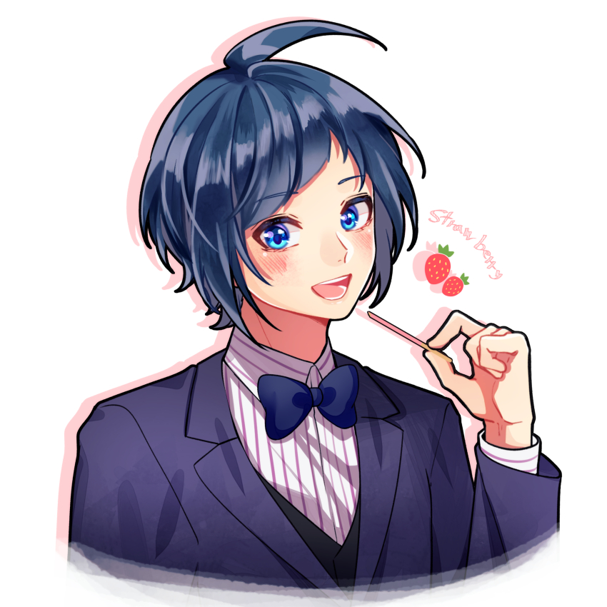 1boy absurdres black_vest blue_bow blue_bowtie blue_eyes blue_hair blue_jacket blush bow bowtie collared_shirt commentary cropped_torso diagonal_bangs dress_shirt food formal_clothes fruit highres holding holding_food jacket kokuhaku_jikkou_iinkai lapels long_sleeves looking_at_viewer male_focus notched_lapels open_mouth pinstripe_pattern pinstripe_shirt pocky shirt short_hair simple_background smile solo someya_yuujirou sophia_pie_12 strawberry suit teeth suit vest waistcoat white_background white_shirt