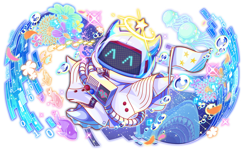 ^_^ aqua_eyes artist_request bubble cardiogram cel_shading closed_eyes coat coline_(crash_fever) crash_fever fins fish fish_tail flag flower full-length_zipper full_body game_cg heart holding holding_flag horns jellyfish lens_flare no_humans number_print numbered official_art open_mouth outline print_coat red_outline robot shark sharp_teeth simple_background solo_focus square square_print star_(symbol) star_ornament star_print tachi-e tail teeth third-party_source transparent_background white_coat zipper zipper_pull_tab