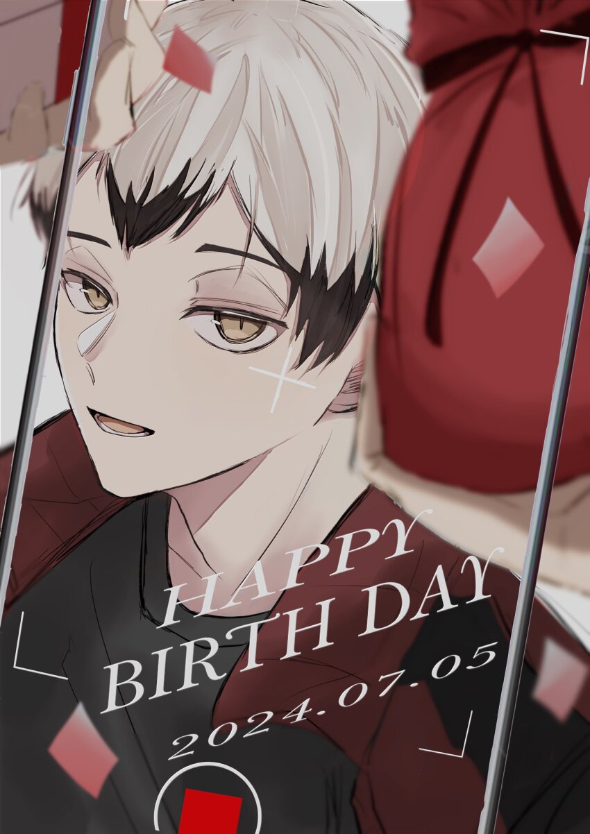 1boy arm_up black_hair black_shirt collared_jacket commentary crew_neck dated double-parted_bangs english_text gift haikyuu!! hair_between_eyes happy_birthday hashtag-only_commentary highres holding holding_gift jacket kita_shinsuke lower_teeth_only male_focus multicolored_hair open_mouth popped_collar red_jacket shirt short_hair slit_pupils solo t-shirt teeth viewfinder warawarabeeeeb white_hair yellow_eyes