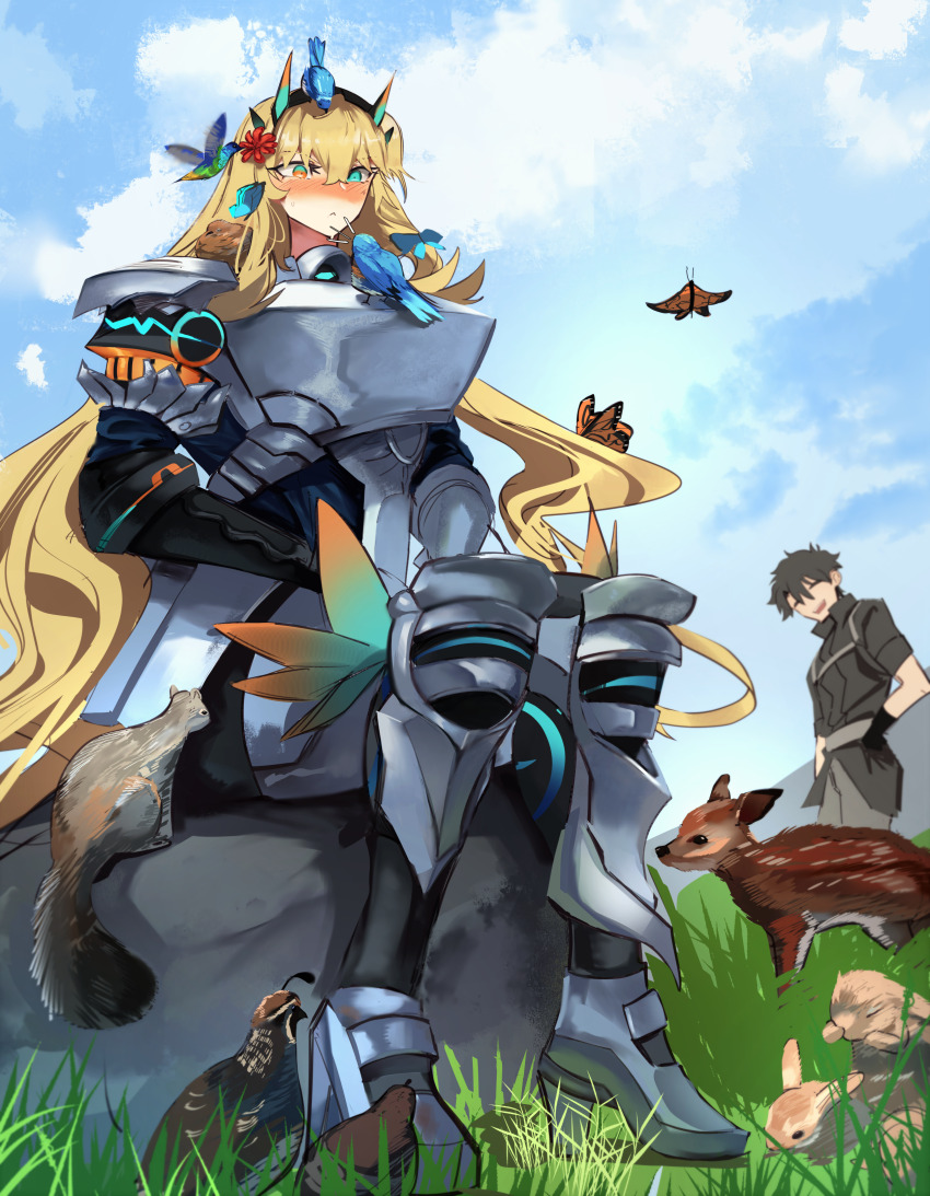 1boy 1girl absurdres armor barghest_(fate) barghest_(first_ascension)_(fate) belt bird black_gloves black_hair black_jacket blonde_hair blue_sky blush breastplate breasts bug butterfly closed_eyes fate/grand_order fate_(series) faulds fawn flower fujimaru_ritsuka_(male) fujimaru_ritsuka_(male)_(polar_chaldea_uniform) gauntlets gloves grass greaves green_eyes grey_pants hair_flower hair_ornament highres horns insect jacket large_breasts long_hair looking_at_viewer obazzotto open_mouth pants pauldrons pouch quail rabbit rock short_hair short_sleeves shoulder_armor sitting sky smile squirrel